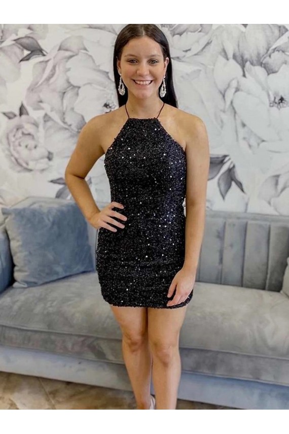 Negro Cubierta Halter Corto Lentejuelas Terciopelo Corto Vestidos de fiesta Asequibles