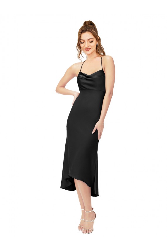 Negro Cubierta Midi Satén sedoso Corto Asimétrico Formales Vestidos de dama de honor / Vestidos de fiesta / Vestidos de cóctel Asequibles