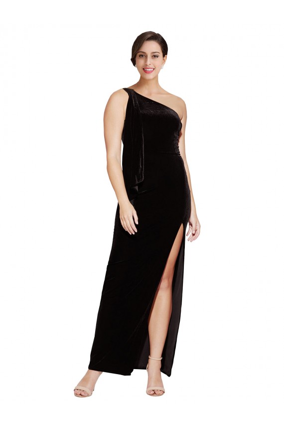 Negro Cubierta Un Hombre Terciopelo Elástico Largo Formales Vestidos de dama de honor / Vestidos de fiesta Asequibles