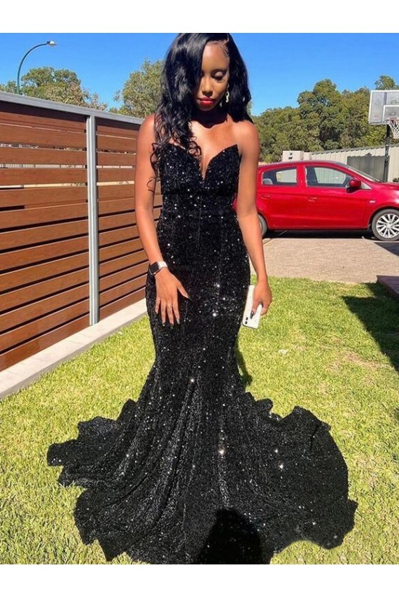 Negro Sirena Cuello de Corazón Lentejuelas Terciopelo Largo Vestidos de fiesta Asequibles