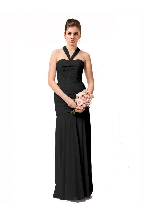 Negro Sirena Halter Gasa Largo Vestidos de dama de honor Asequibles