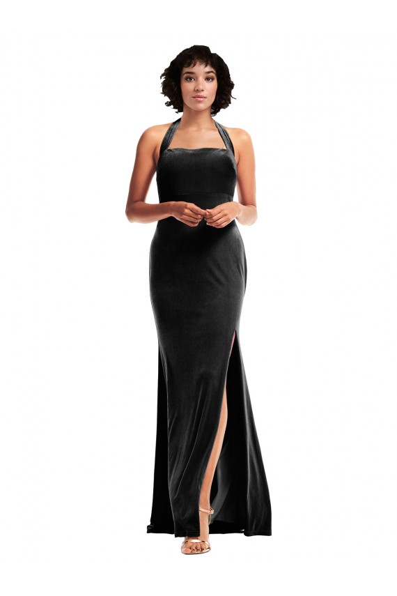Negro Sirena Halter Terciopelo Elástico Largo Formales Vestidos de dama de honor / Vestidos de fiesta Asequibles