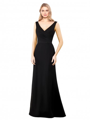 Negro línea A Cuello en V Gasa Largo Vestidos de dama de honor / Vestidos de fiesta Asequibles