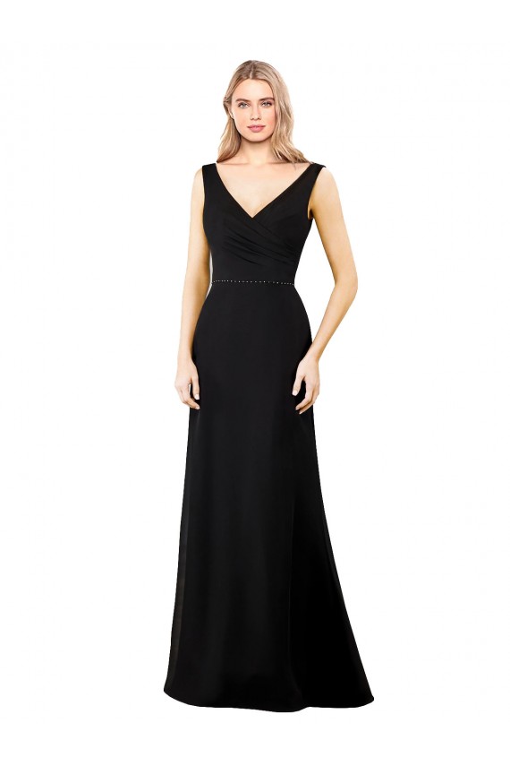 Negro línea A Cuello en V Gasa Largo Vestidos de dama de honor / Vestidos de fiesta Asequibles