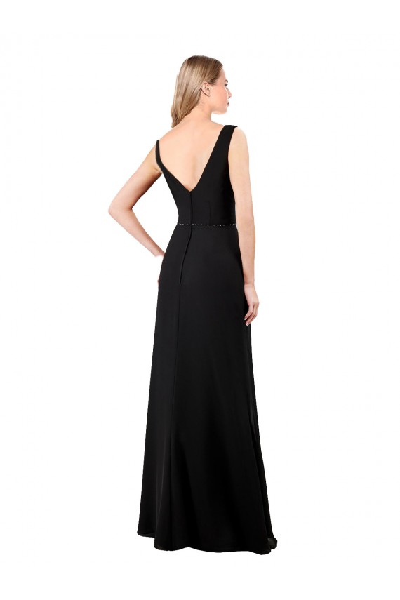 Negro línea A Cuello en V Gasa Largo Vestidos de dama de honor / Vestidos de fiesta Asequibles
