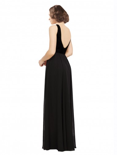 Negro línea A Cuello en V Gasa Terciopelo Largo Vestidos de dama de honor / Vestidos de fiesta
