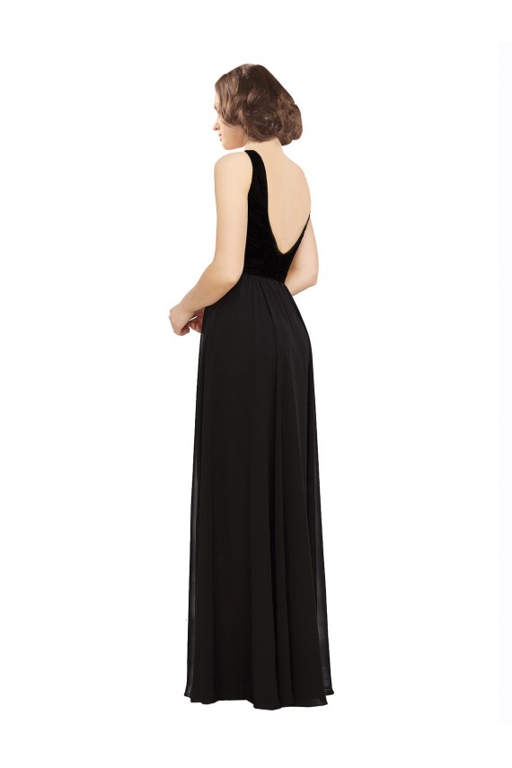 Negro línea A Cuello en V Gasa Terciopelo Largo Vestidos de dama de honor / Vestidos de fiesta Asequibles