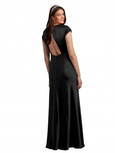 Negro línea A Cuello en V Satén elástico Largo Formales Vestidos de dama de honor / Vestidos de fiesta