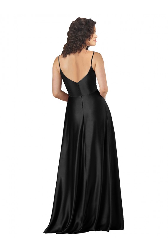 Negro línea A Cuello en V Satén sedoso Largo Formales Vestidos de dama de honor / Vestidos de fiesta Asequibles