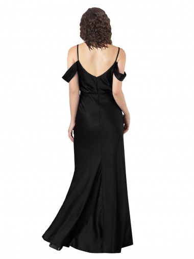 Negro línea A Hombros Descubiertos Satén sedoso Largo Formales Vestidos de dama de honor / Vestidos de fiesta