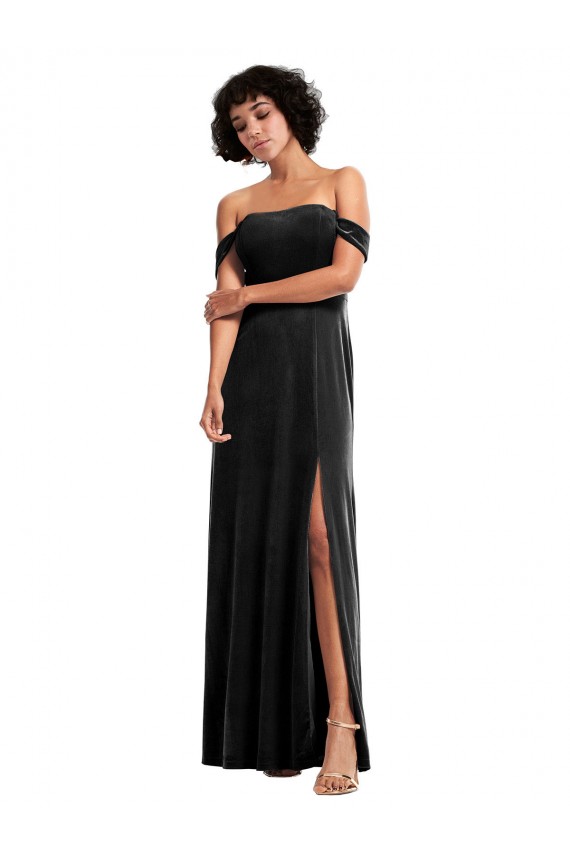 Negro línea A Hombros Descubiertos Sin tirantes Terciopelo Elástico Largo Formales Vestidos de dama de honor / Vestidos de fiesta Asequibles