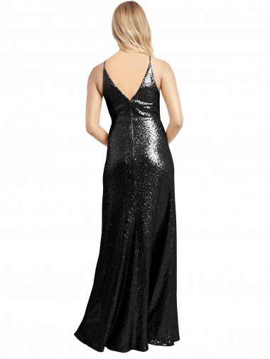 Negro línea A Tirantes espagueti Cuello en V Lentejuela Largo Formales Vestidos de dama de honor / Vestidos de fiesta