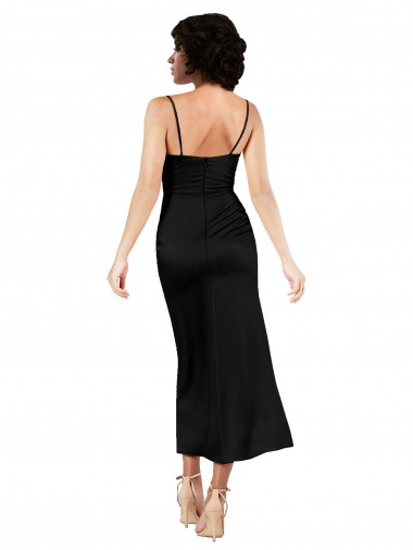 Negro línea A Tirantes espagueti Satén sedoso Corto Formales Vestidos de dama de honor / Vestidos de fiesta / Vestidos de cóctel