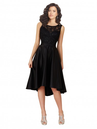 Negro línea A Ilusión Midi Satén Encaje Corto Asimétrico Vestidos de dama de honor / Vestidos de cóctel / Vestidos para homecoming Asequibles