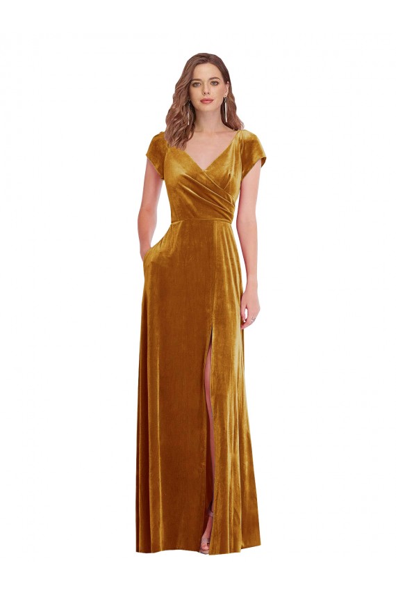 Oro Cubierta Cuello en V Terciopelo Elástico Largo Formales Vestidos de dama de honor / Vestidos de fiesta Asequibles