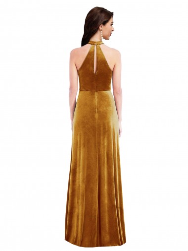 Oro Trompeta Halter Cuello Alto Terciopelo Elástico Largo Vestidos de dama de honor / Vestidos de fiesta
