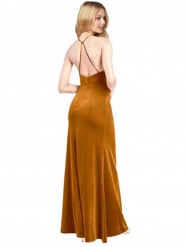 Oro línea A Halter Cuello Alto Terciopelo Elástico Largo Formales Vestidos de dama de honor / Vestidos de fiesta