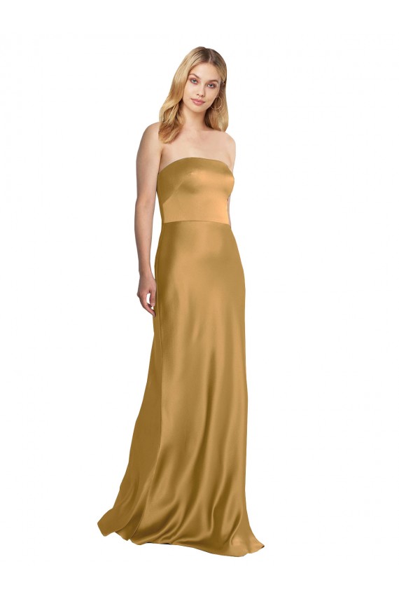Oro línea A Sin tirantes Satén elástico Largo Formales Vestidos de dama de honor / Vestidos de fiesta Asequibles