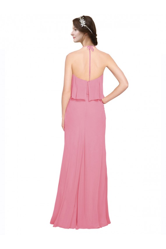 Piel rosa línea A Halter Cuello Alto Gasa Largo Vestidos de dama de honor Asequibles
