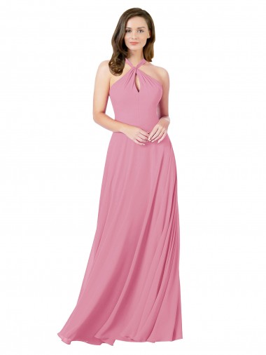 Piel rosa línea A Halter Gasa Largo Vestidos de dama de honor / Vestidos de fiesta Asequibles