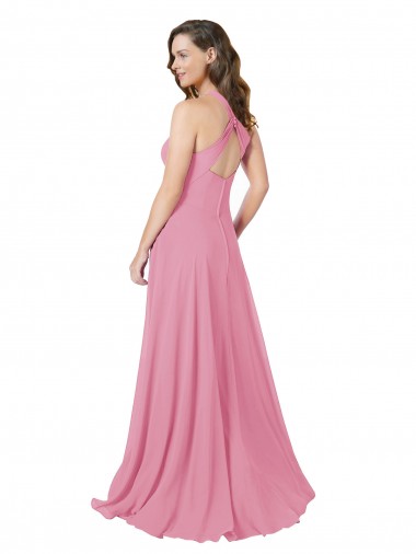 Piel rosa línea A Halter Gasa Largo Vestidos de dama de honor / Vestidos de fiesta
