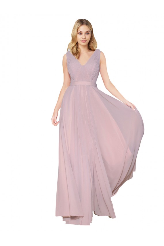 Primavera línea A Cuello en V Cuello Alto Gasa Largo Formales Vestidos de dama de honor / Vestidos de fiesta Asequibles