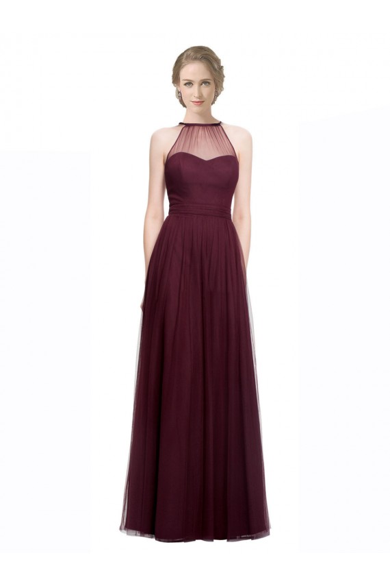 Rojo 74 línea A Halter Ilusión Tul Largo Vestidos de dama de honor Asequibles