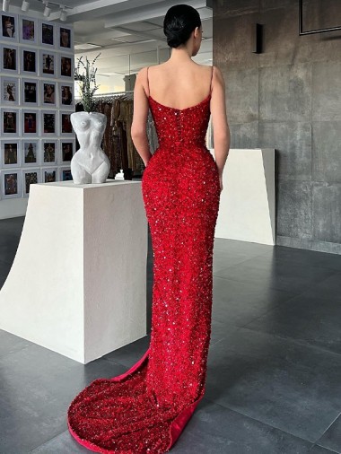 Rojo Cubierta Cuello en V Barrer tren Lentejuelas Terciopelo Largo Vestidos de fiesta