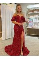 Rojo Cubierta Hombros Descubiertos Cola corte Lentejuelas Terciopelo Largo Vestidos de fiesta Asequibles