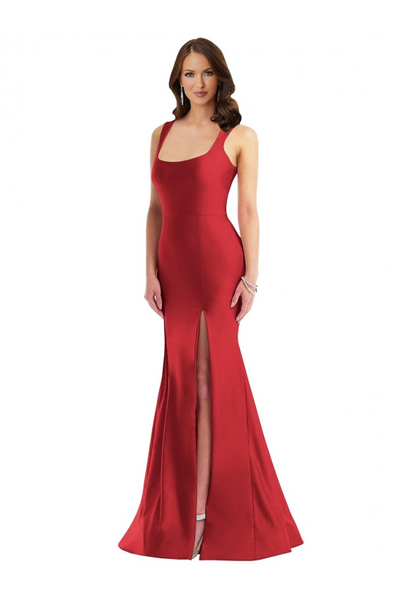 Rojo Sirena Cuadrado Satén sedoso Largo Formales Vestidos de dama de honor / Vestidos de fiesta Asequibles