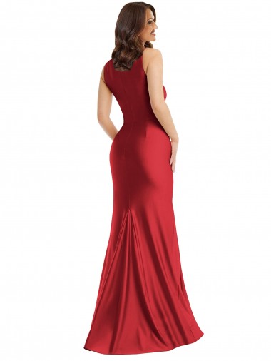 Rojo Sirena Cuadrado Satén sedoso Largo Formales Vestidos de dama de honor / Vestidos de fiesta