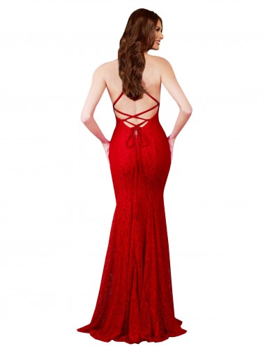 Rojo Sirena Cuello en V Encaje Largo Formales Vestidos de dama de honor / Vestidos de fiesta