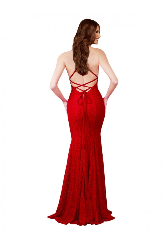 Rojo Sirena Cuello en V Encaje Largo Formales Vestidos de dama de honor / Vestidos de fiesta Asequibles