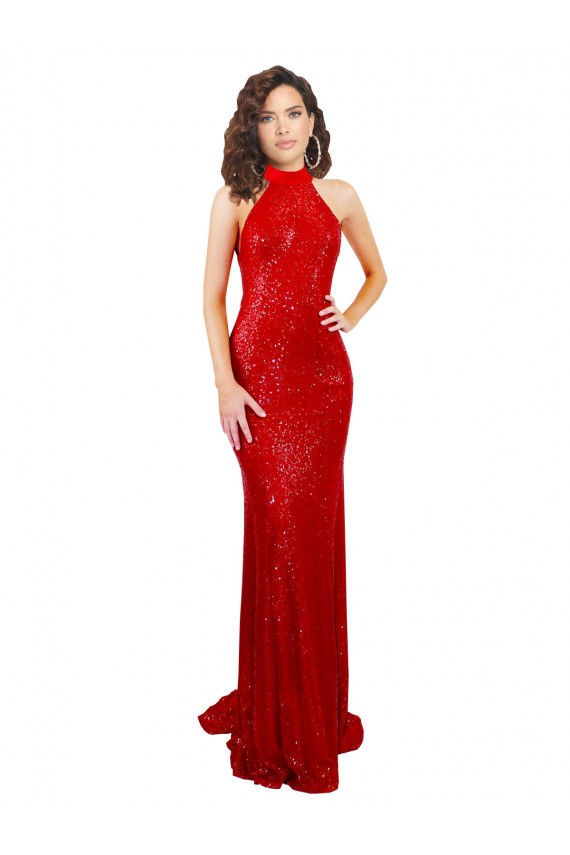 Rojo Sirena Halter Cuello Alto Lentejuela Largo Formales Vestidos de dama de honor / Vestidos de fiesta Asequibles