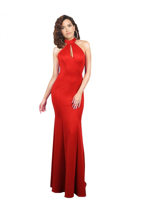 Rojo Sirena Halter Satén elástico Largo Formales Vestidos de dama de honor / Vestidos de fiesta Asequibles