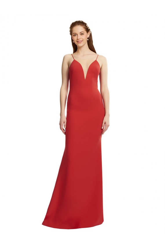 Rojo Sirena Tirantes espagueti Cuello en V Crepé Elástico Largo Formales Vestidos de dama de honor / Vestidos de fiesta Asequibles