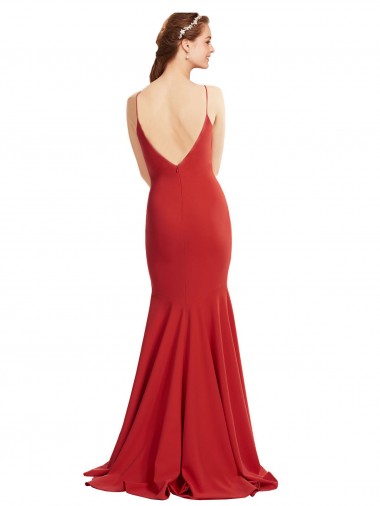 Rojo Sirena Tirantes espagueti Cuello en V Crepé Elástico Largo Formales Vestidos de dama de honor / Vestidos de fiesta