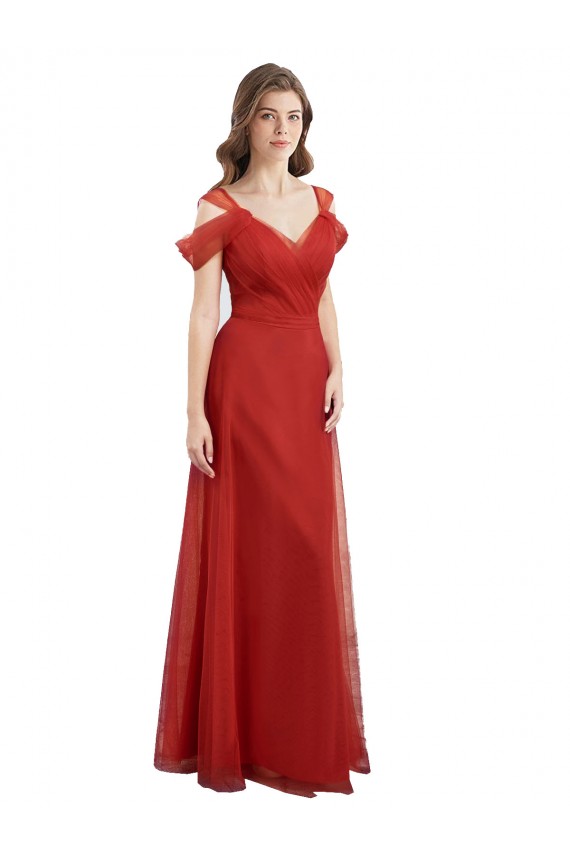 Rojo línea A Cuello de Corazón Tul Largo Vestidos de dama de honor Asequibles