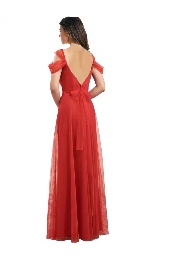 Rojo línea A Cuello de Corazón Tul Largo Vestidos de dama de honor Asequibles