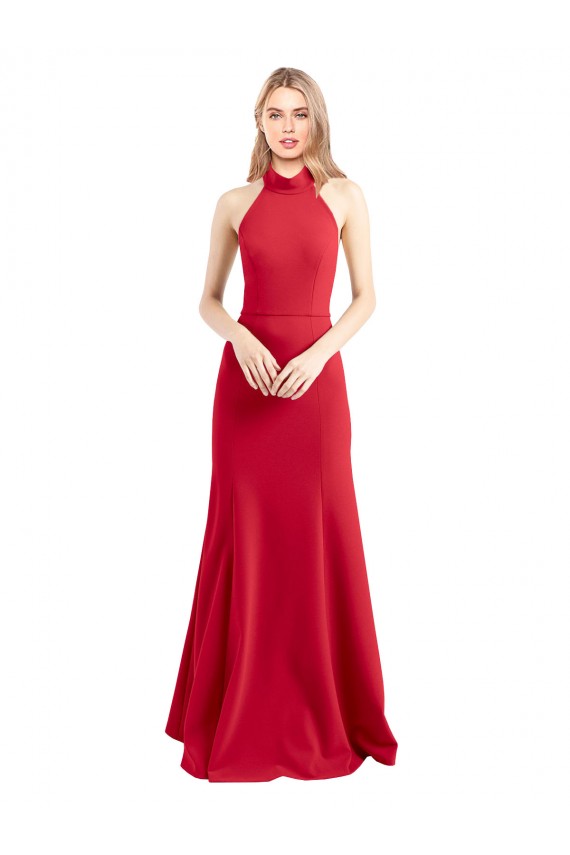 Rojo línea A Halter Cuello Alto Crepé Elástico Largo Formales Vestidos de dama de honor / Vestidos de fiesta Asequibles