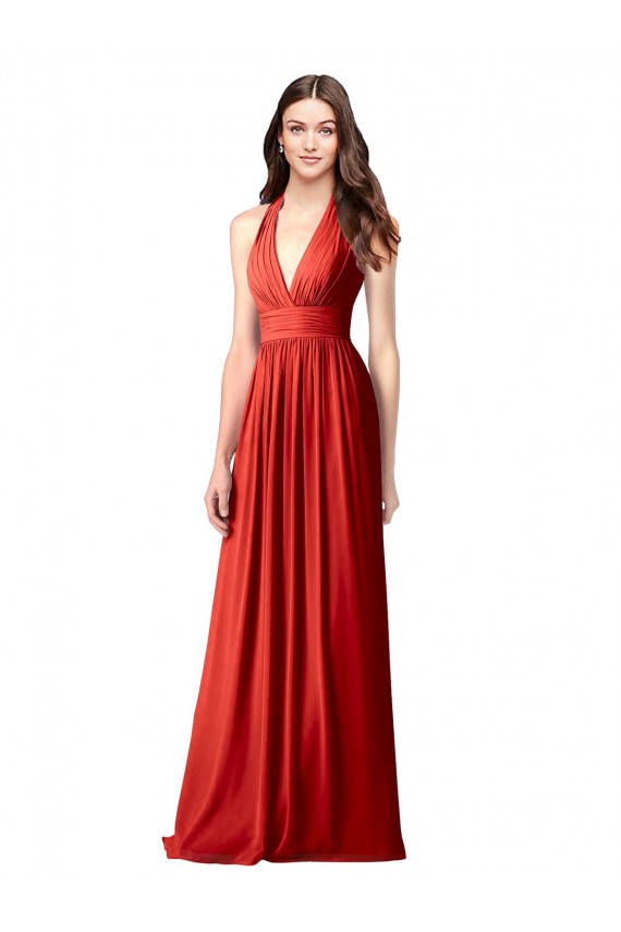 Rojo línea A Halter Cuello en V Gasa Largo Vestidos de dama de honor Asequibles