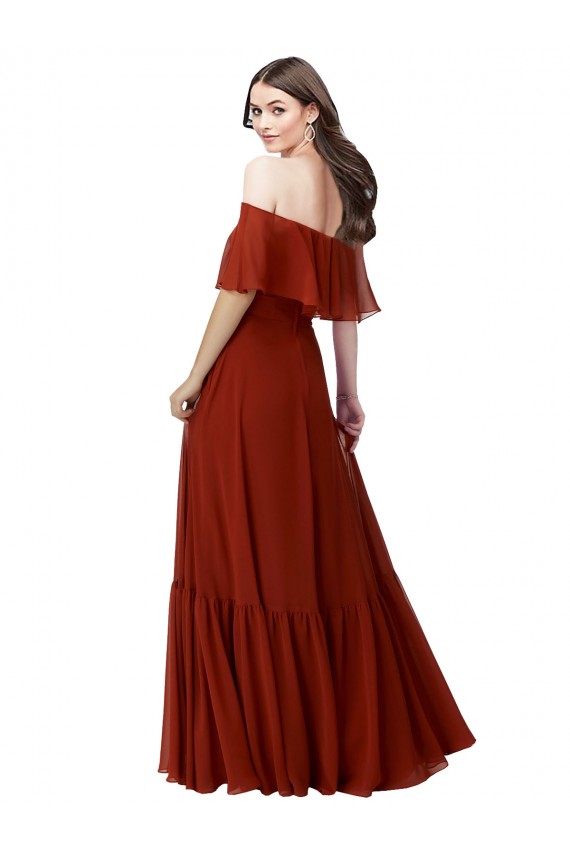 Rojo línea A Hombros Descubiertos Gasa Largo Vestidos de dama de honor Asequibles