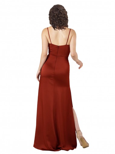 Rojo línea A Tirantes espagueti Cuadrado Satén sedoso Largo Formales Vestidos de dama de honor / Vestidos de fiesta