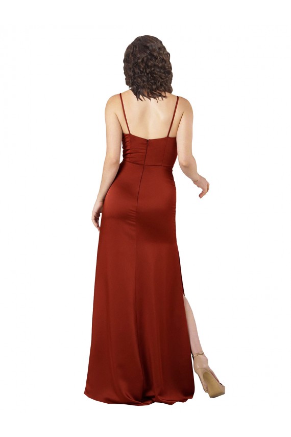 Rojo línea A Tirantes espagueti Cuadrado Satén sedoso Largo Formales Vestidos de dama de honor / Vestidos de fiesta Asequibles
