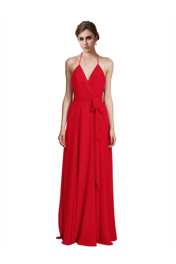 Rojo línea A Tirantes espagueti Halter Cuello en V Gasa Largo Vestidos de dama de honor Asequibles