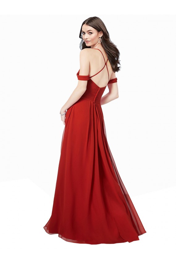Rojo oscuro línea A Cuello en V Cuello de Corazón Gasa Largo Vestidos de dama de honor Asequibles