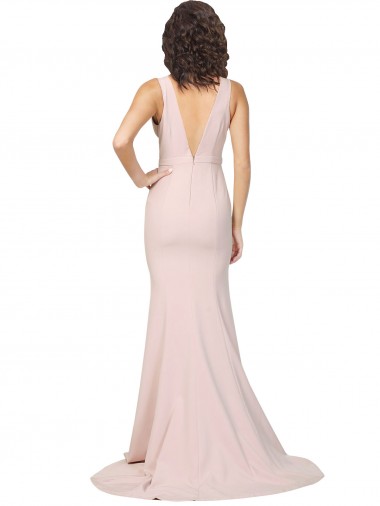 Rosa Cubierta Cuello en V Barrer tren Crepé Elástico Largo Formales Vestidos de dama de honor / Vestidos de fiesta