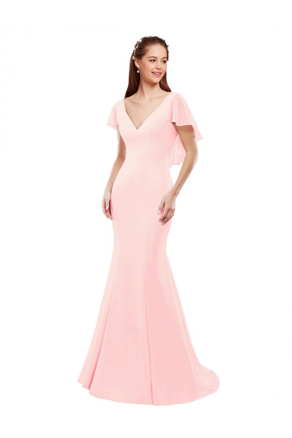 Rosa Sirena Cuello en V Gasa Largo Vestidos de dama de honor Asequibles
