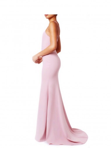 Rosa Sirena Tirantes espagueti Cuadrado Crepé Elástico Largo Vestidos de dama de honor / Vestidos de fiesta