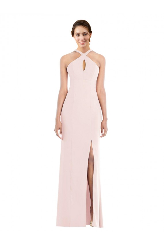 Rosa Trompeta Halter Crepé Elástico Largo Formales Vestidos de dama de honor / Vestidos de fiesta Asequibles